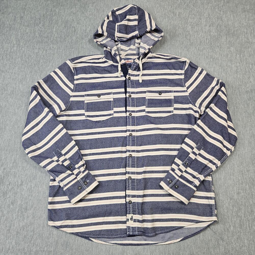 Johnnie-O Shirt Mens L Blue Surflannel Hooded Button Up Striped Long Sleeve